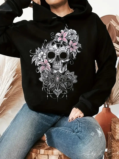 Boho Chic Blumen Totenkopf Hoodie Entspannt Überschnittene Schultern