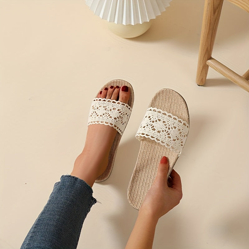 Damen Sommer Slipper – Atmungsaktive Leinen-Slides mit Spitze, Rutschfest & Bequem