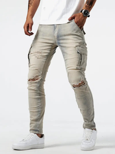 Slim Fit Multi-Taschen Jeans für Herren – Hochstretch Denim-Cargo-Hose