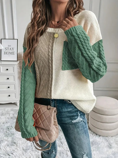 Stylischer trendiger Color Block Cable Knit Pullover