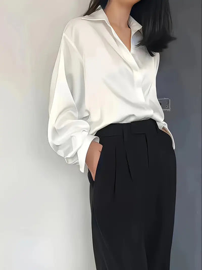 Elegante Frauen Seidenbluse, Casual Büro Langarm Knopfleiste Shirt,