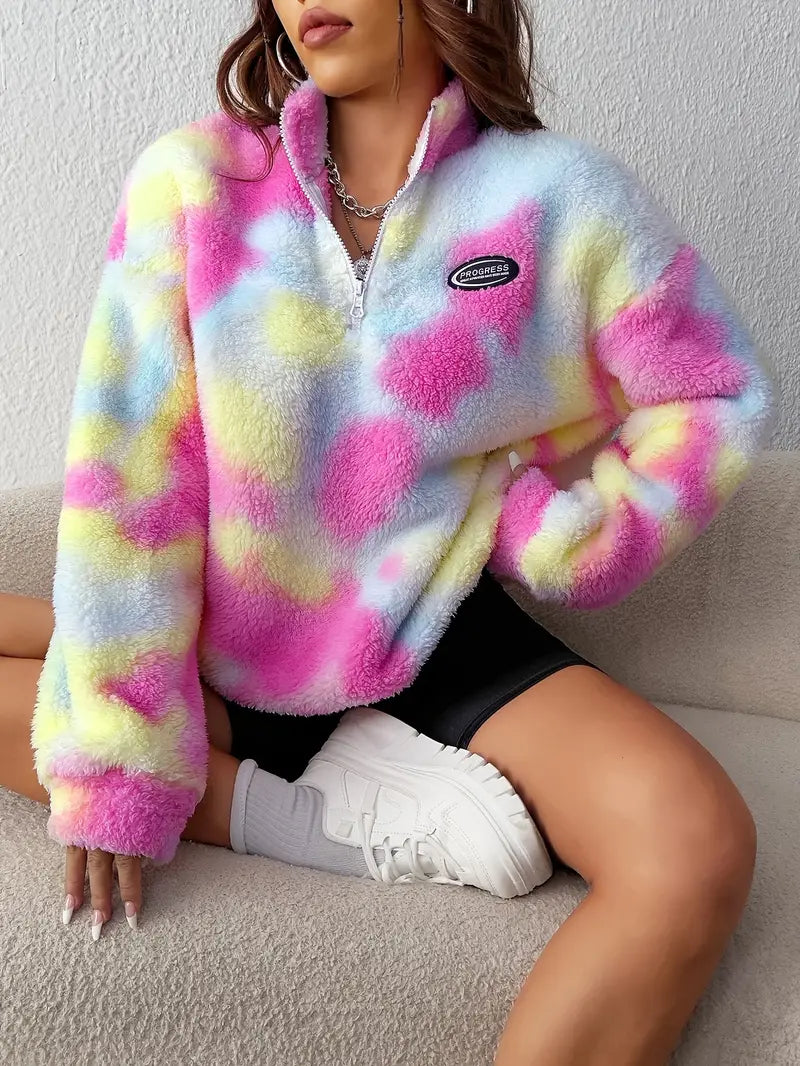 Schicker Pullover mit Tie Dye Dreams, halbem Reißverschluss und überschnittenen Schultern