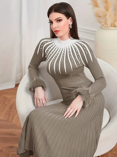 Hoch Tailliert Elegantes Langarm Strickkleid für Damen