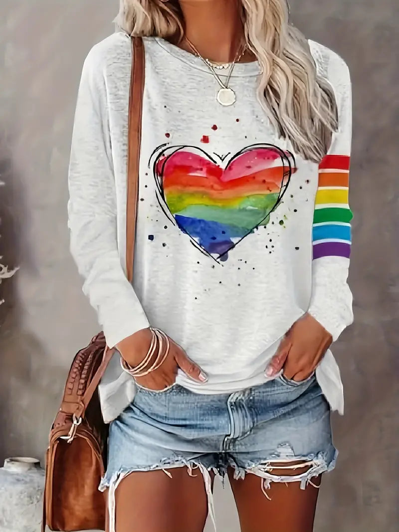 Amey - Regenbogen Streifen & Herz Druck Rundhalsausschnitt Casual Langarm Top