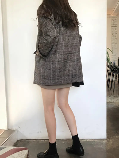 Vintage Plaid Blazer für Frauen - Langärmelige Anzugjacke mit Taschen