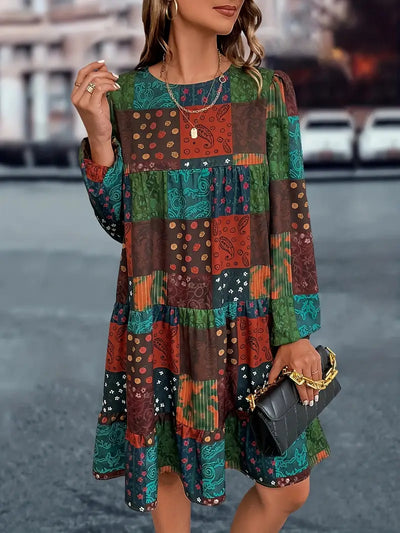 Übergröße Boho Kleid für Damen – Patchwork Print, Rundhals