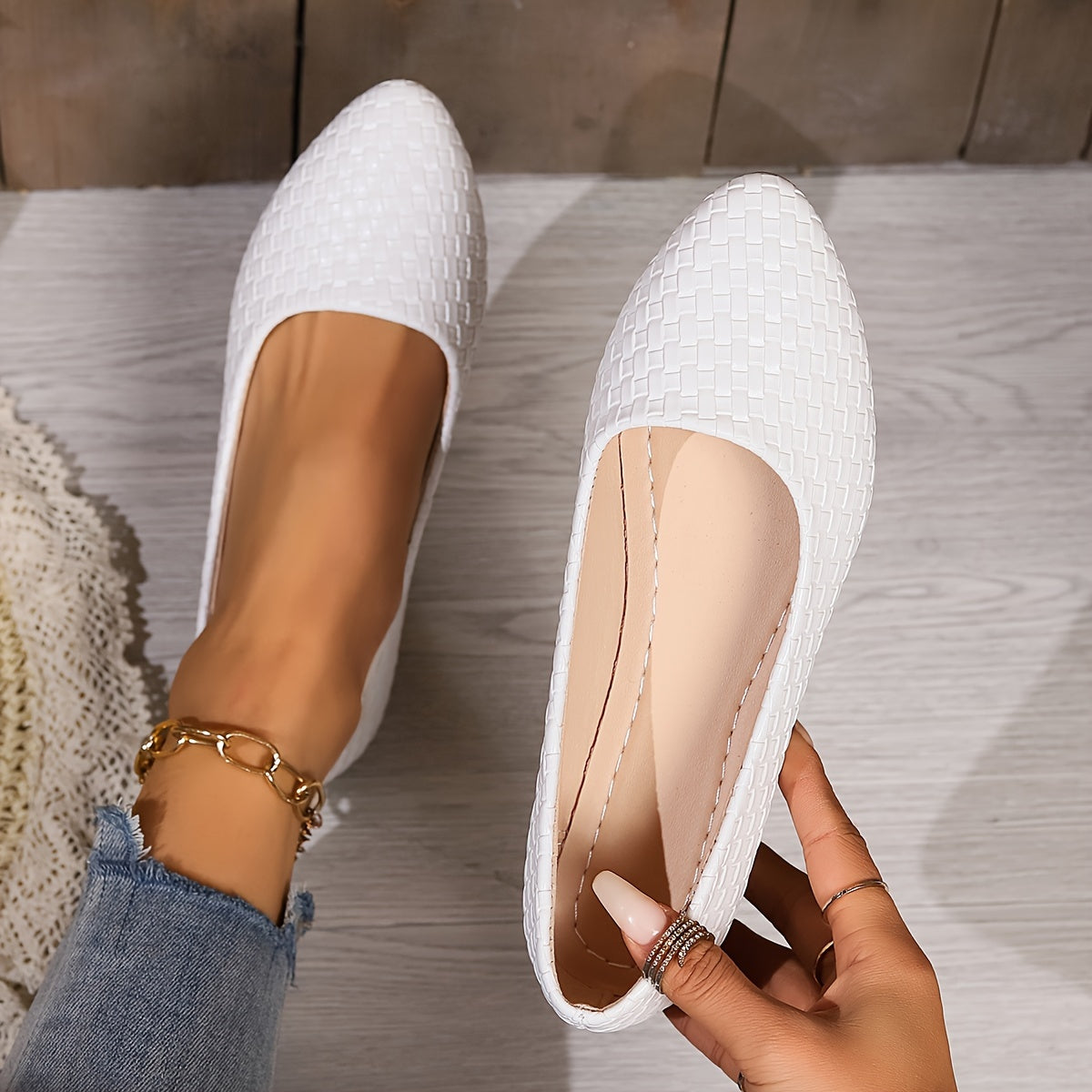 Geflochtene Detail Slip-On Flats für Frauen, spitze Zehe, weiche Sohle