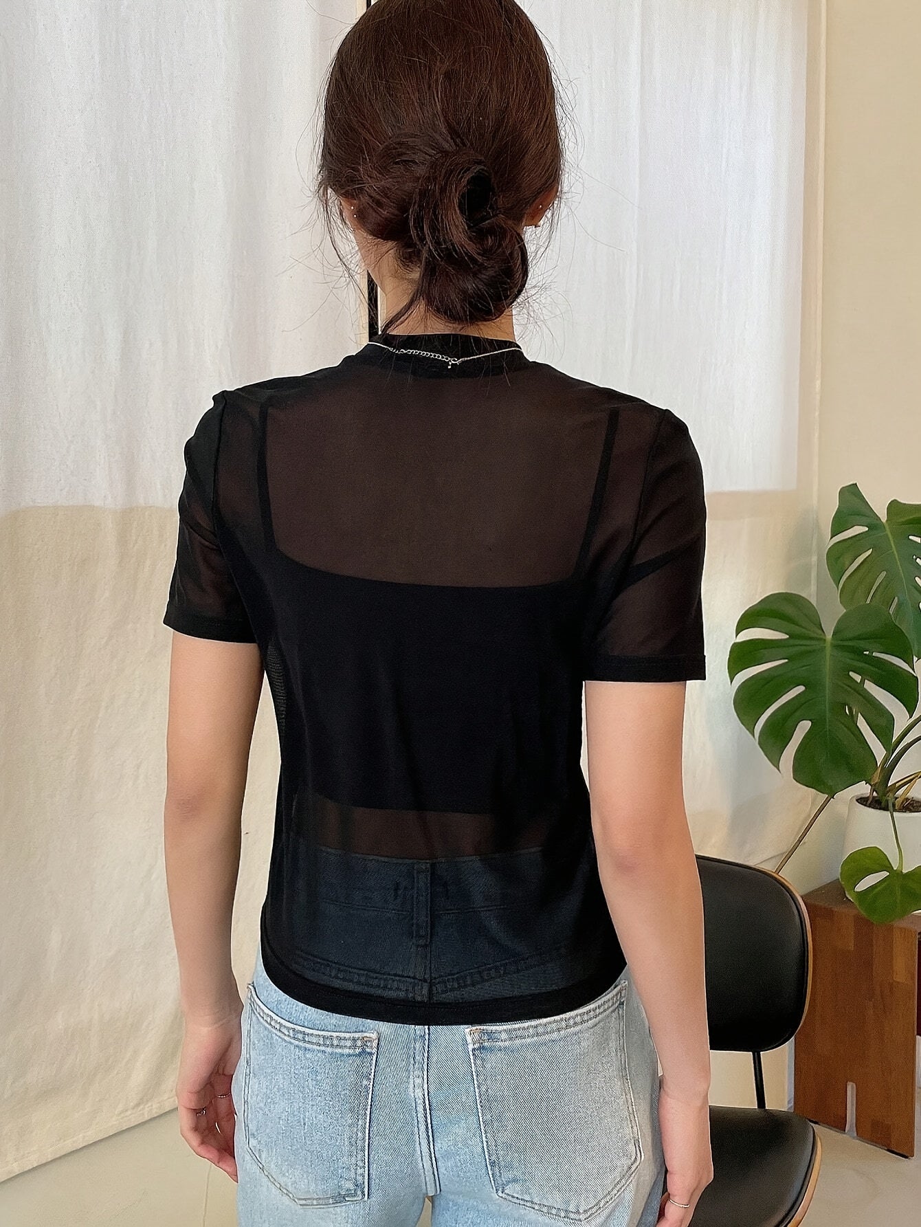 Damen-Bluse mit Mesh-Panelen – Elegant, Kurzarm & Transparent für Sommer