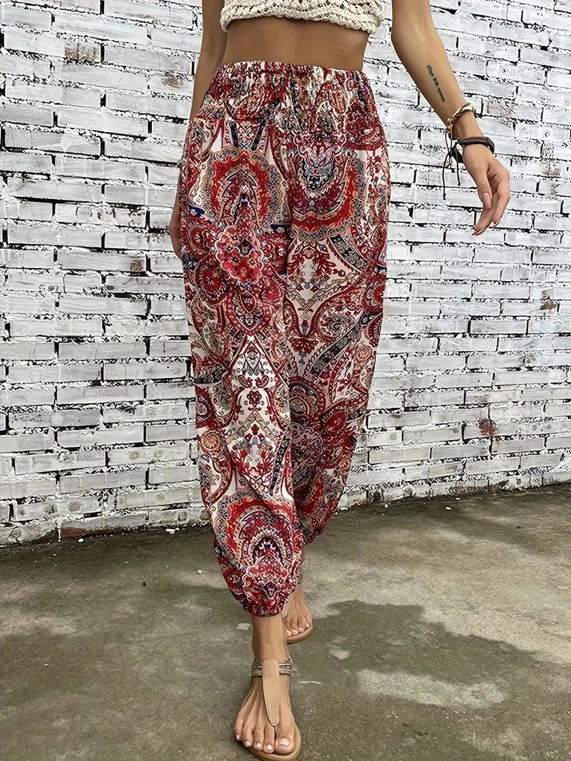 Jeni - Boho-Chic-Hose mit gesmokter Taille und ethnischem Grafikdruck