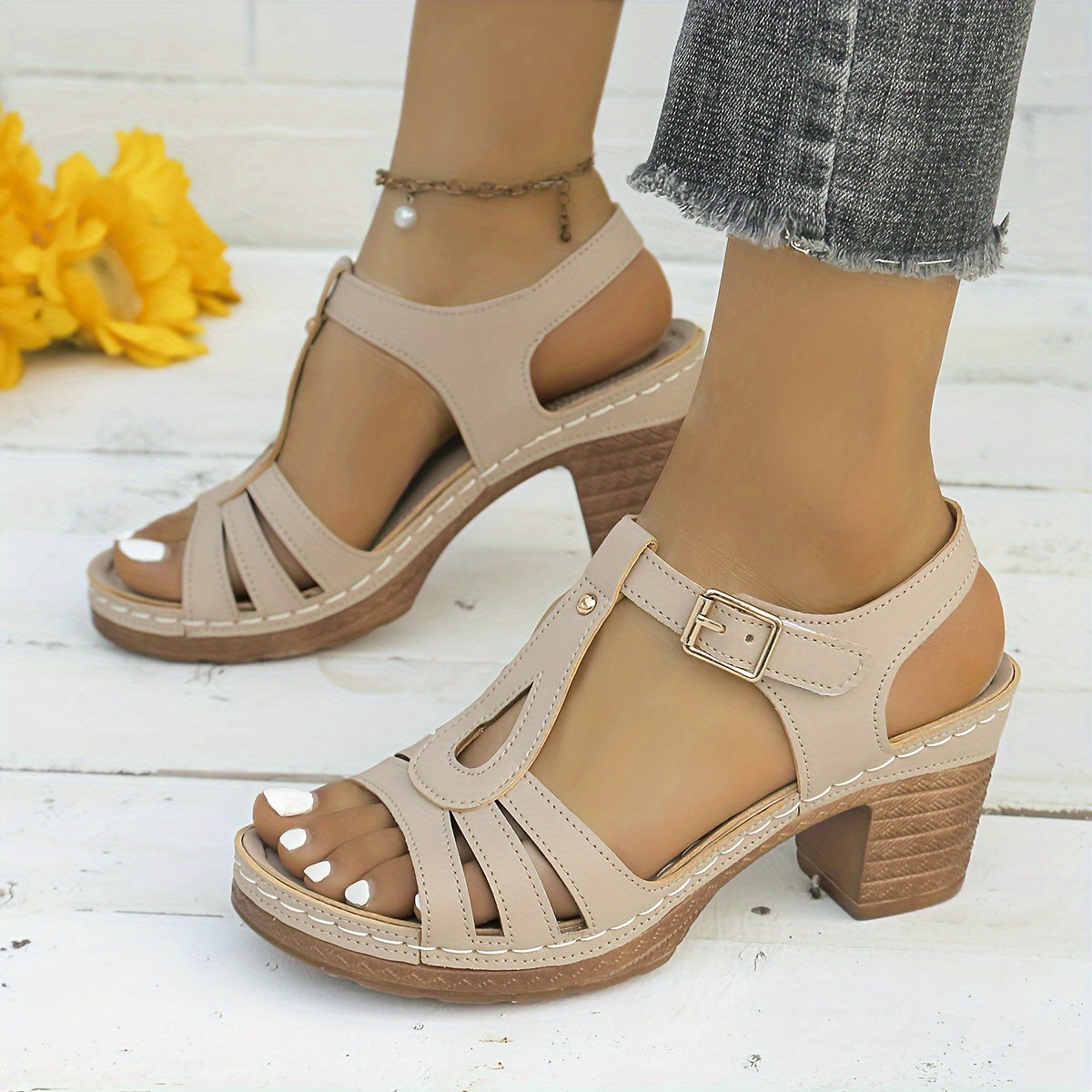 Sandalen mit T-Riemen Sommer Stöckelschuhe Rutschfeste Blockabsatz Schuhe