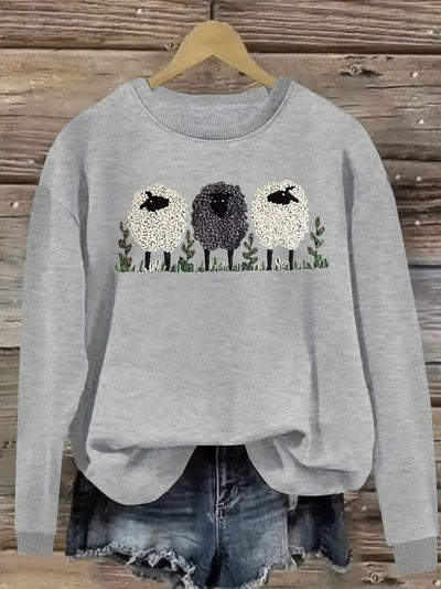 Gemütlicher Pullover mit Schaf-Print, bezaubernd, kuschelig