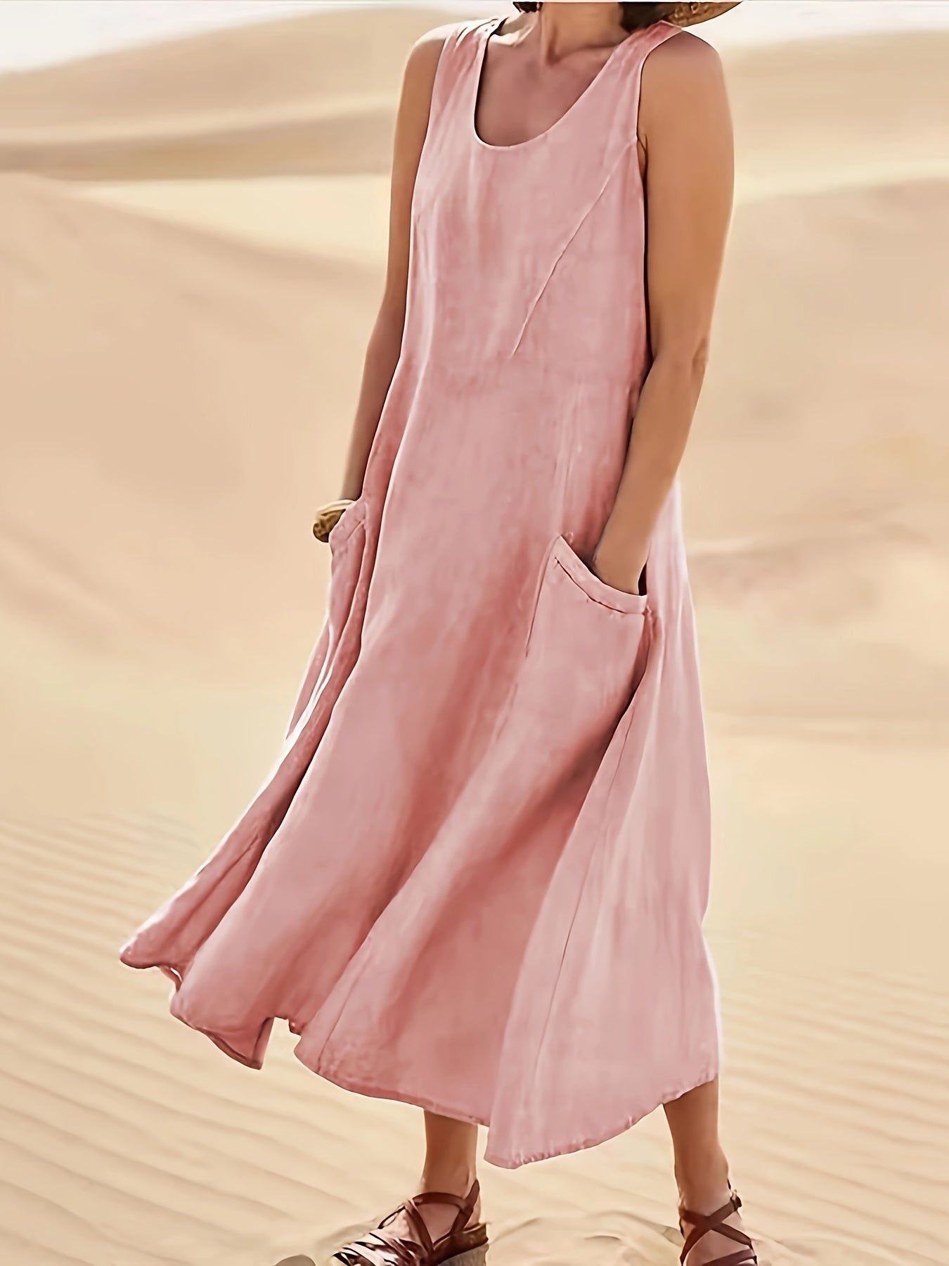 Damen Sommerkleid mit Taschen – Ärmelloses Vintage Freizeitkleid