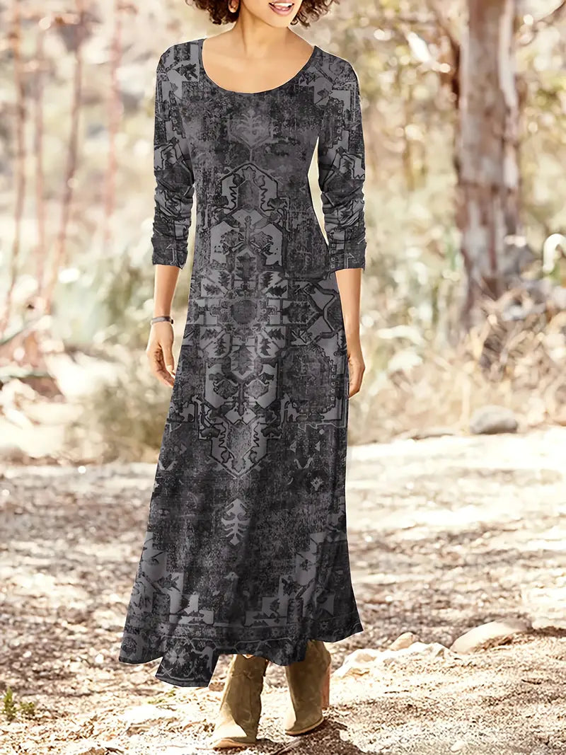 Bohemian Langarm Kleid, Rundhalsausschnitt Maxi Kleid für Herbst & Winter