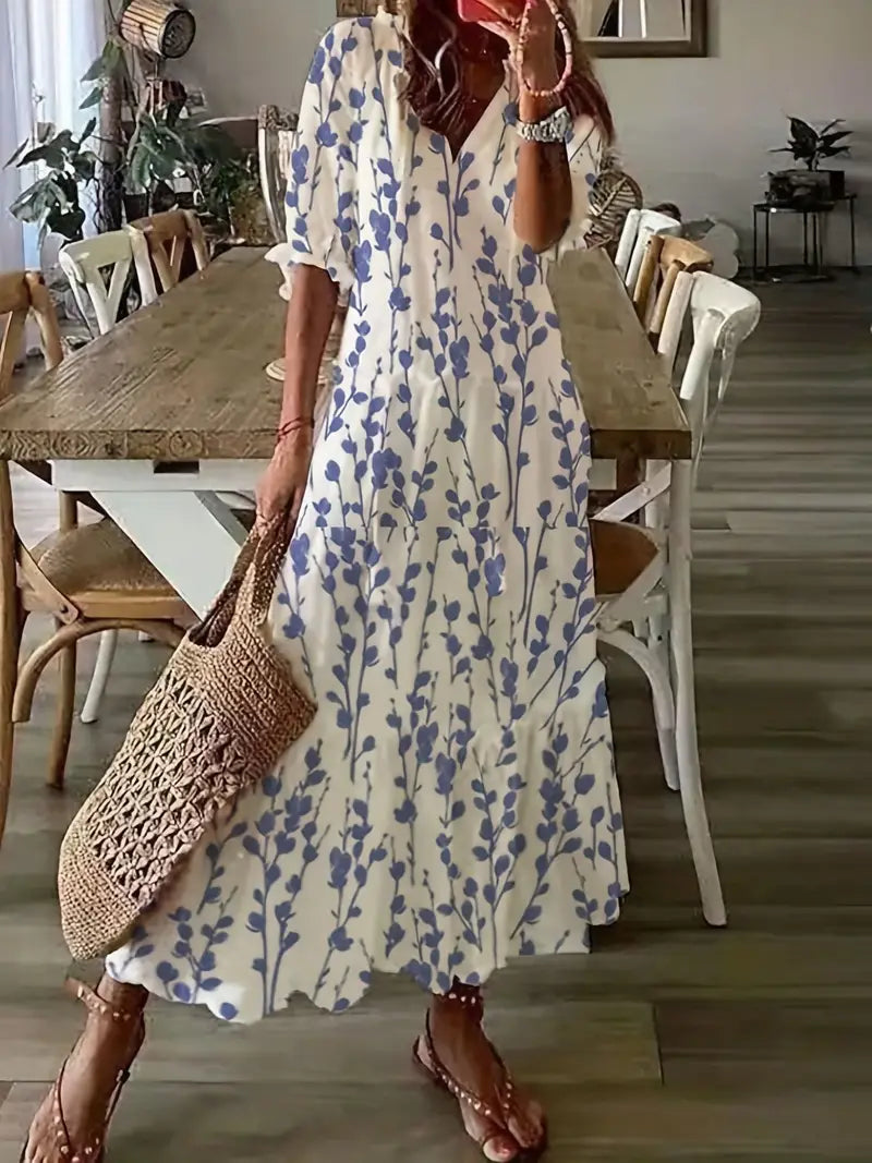 Charm - Ikat Traum Boho Rüschenbesatz V-Ausschnitt Kleid Eleganter Stil