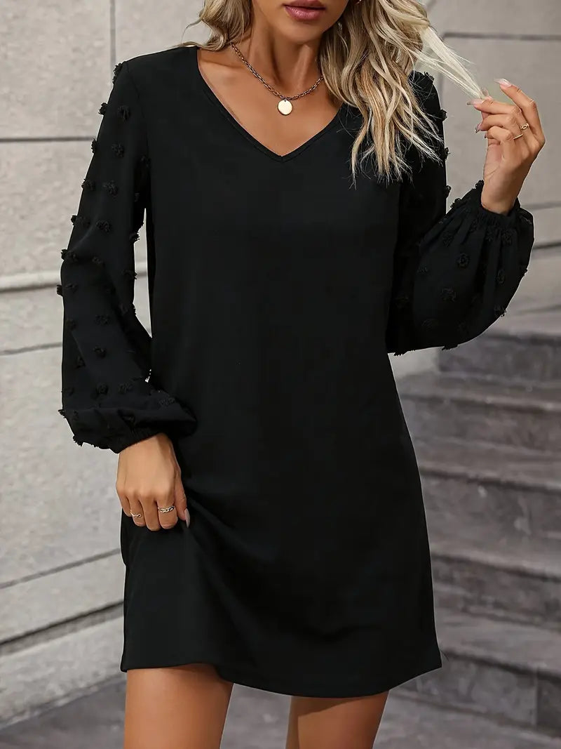 Damen Strickkleid mit V-Ausschnitt und Puffärmeln