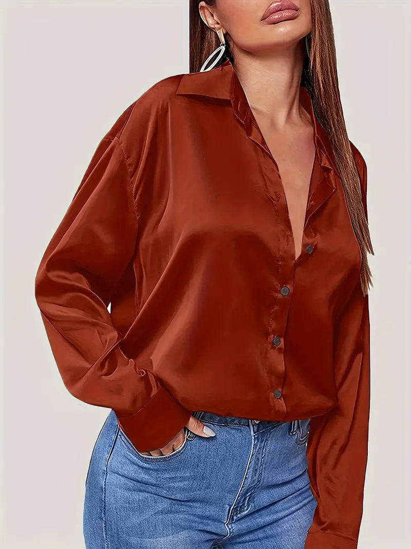 Satin-Knopfleiste Bluse in Übergröße