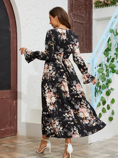 Boho Langärmeliges Maxikleid mit Blumendruck und Rüschenbesatz