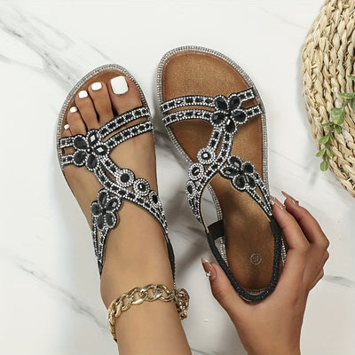 Boho Blumig Strass Sandalen, Offene Zehe Elastischer Riemen