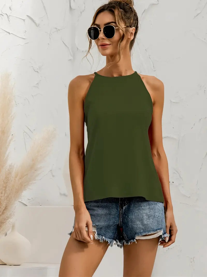 Asymmetrisches Neckholder-Top Volltonfarbe Rundhalsausschnitt Lässiger Stil