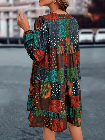 Übergröße Boho Kleid für Damen – Patchwork Print, Rundhals