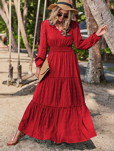 Elegant V-Ausschnitt Maxikleid – Smocked Langarm Kleid für Damen