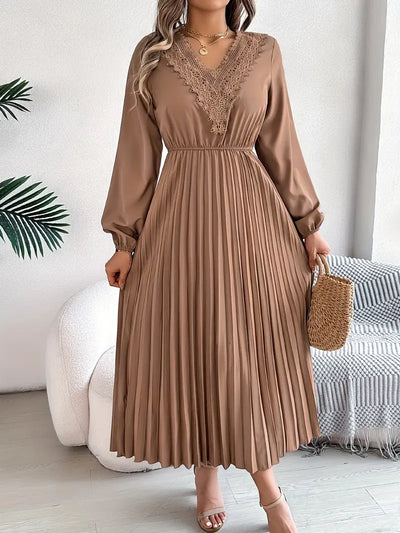 Chic V-Neck Long Sleeve Kleid mit Spitze