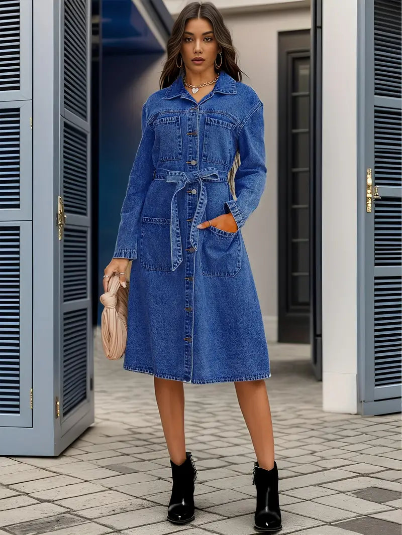 Blaues langärmeliges Denim-Kleid mit aufgesetzten Taschen