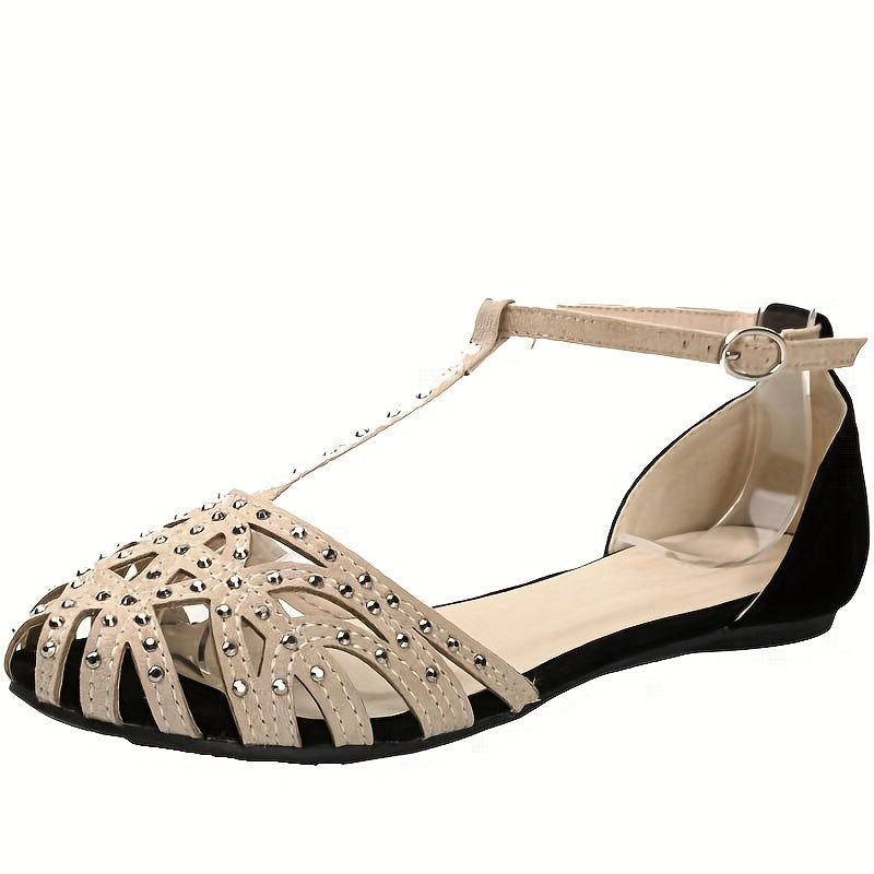 Flache Sandalen mit Strass für Damen, Geschlossener Zeh, T-Strap