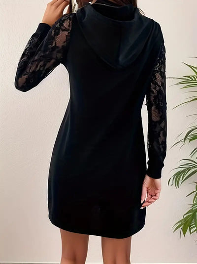 Damen Kapuzenkleid mit Kontrastspitze – Langarm, Lässig