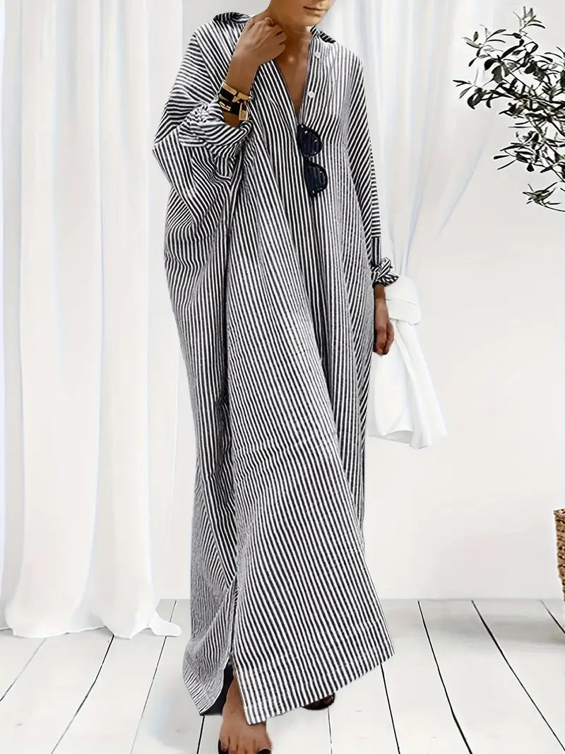 Adie - Plus Größe Maxi-Shirt mit Streifendruck Kleid Lässig schickes Button-Up