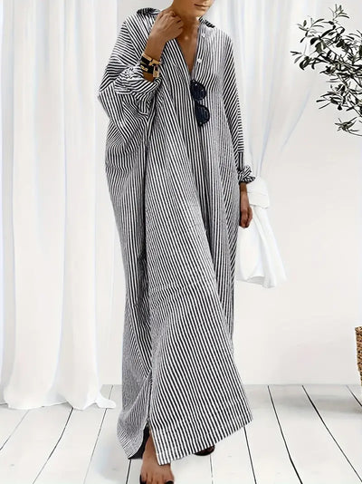 Adie - Plus Größe Maxi-Shirt mit Streifendruck Kleid Lässig schickes Button-Up