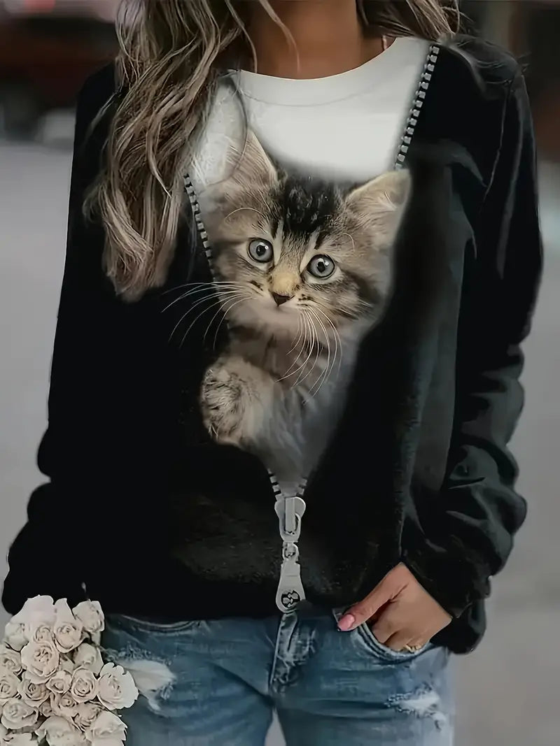 Lässiges Sweatshirt mit Katzenmuster und Rundhalsausschnitt von Schnurrhaare & Wärme