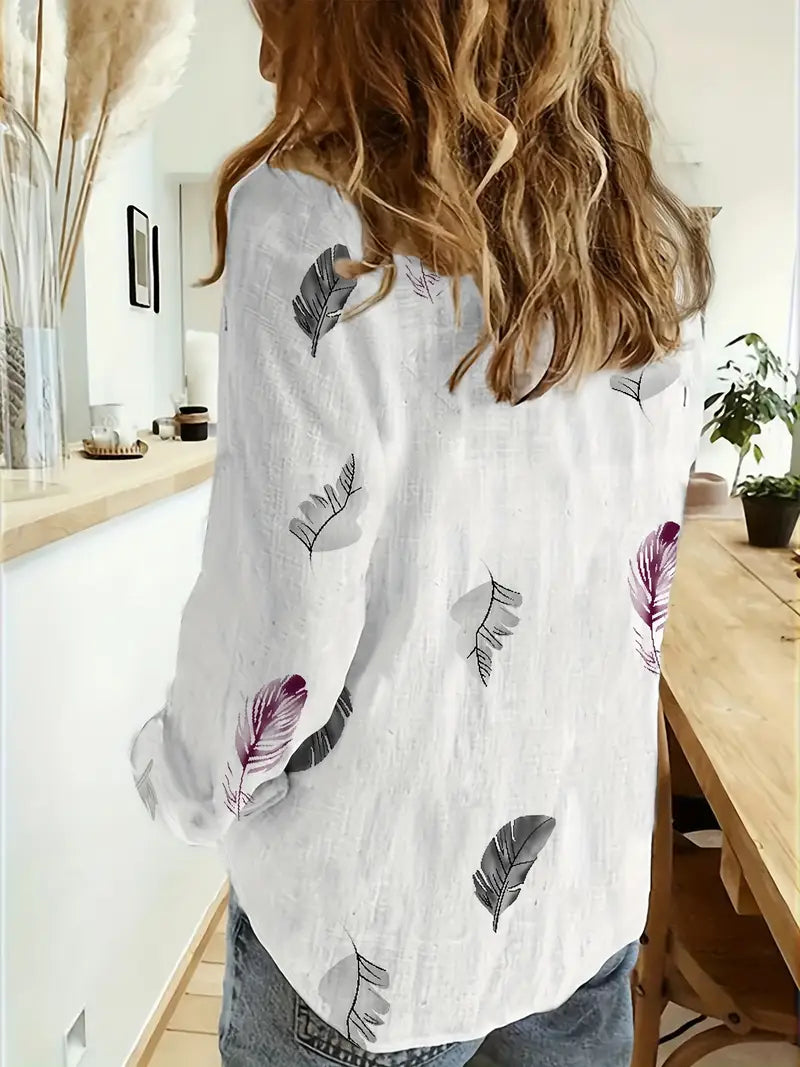 Damen Feder Print Bluse, Langarm Vintage Hemd