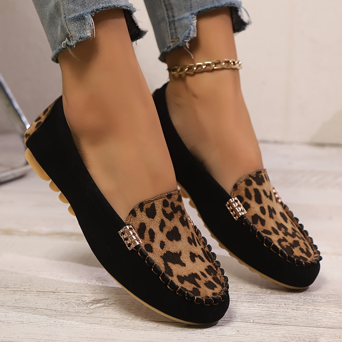 Damen Sommer-Loafer – Bequeme Slip-On Schuhe mit Leopardenmuster