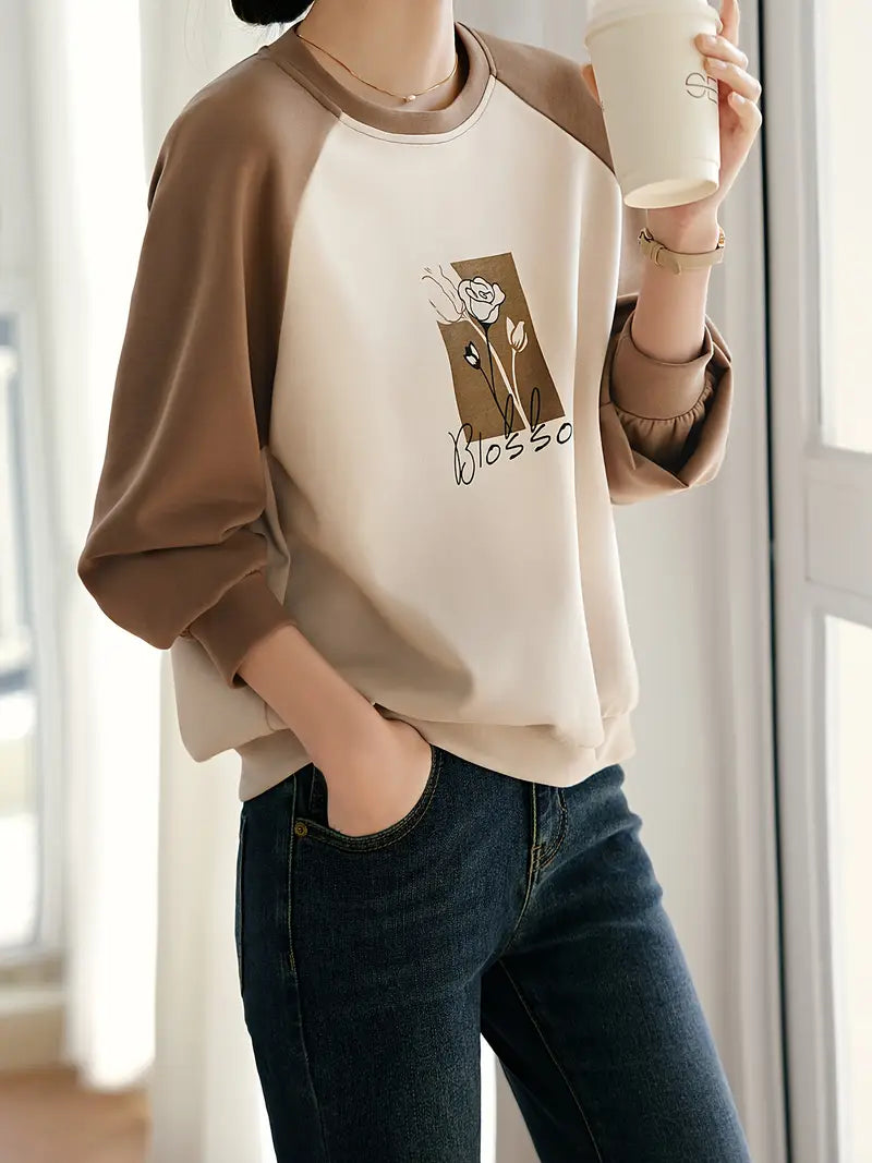 Baumwolle Damen Sweatshirt Colorblock & Blumenmuster