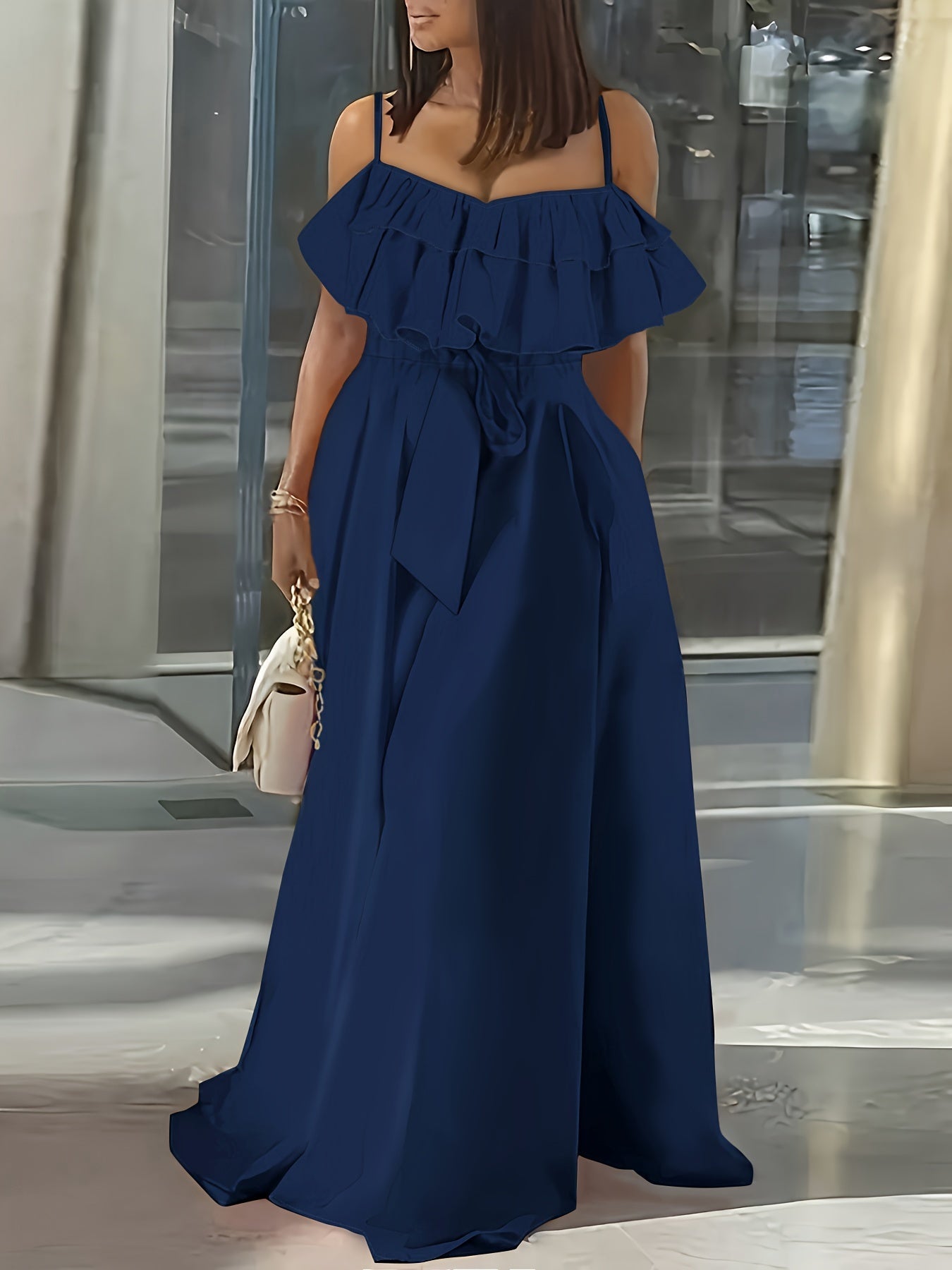 Maxikleid Damen – Ärmellos Rüschen Tie-Waist Sommerkleid