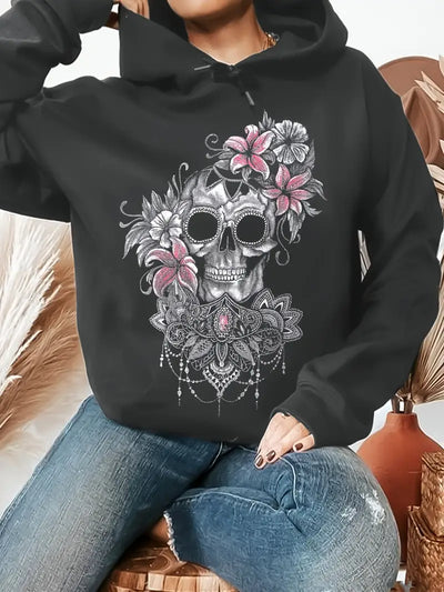 Boho Chic Blumen Totenkopf Hoodie Entspannt Überschnittene Schultern