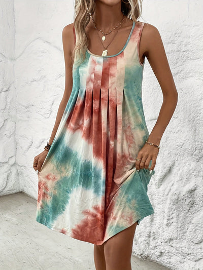 Tie-Dye Sommerkleid Ärmellos, Leicht & Luftig Lässig Maxikleid mit Rundhalsausschnitt