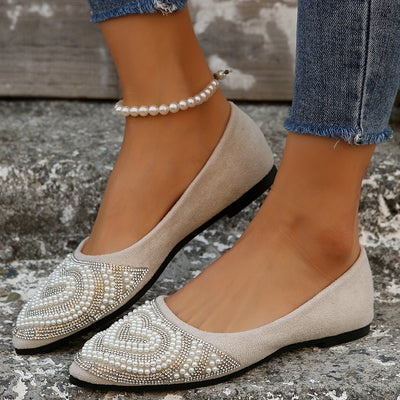 Chic Damen Slip-On Flats mit Herz-Pearl & Strass, Elegante Sommer Flats