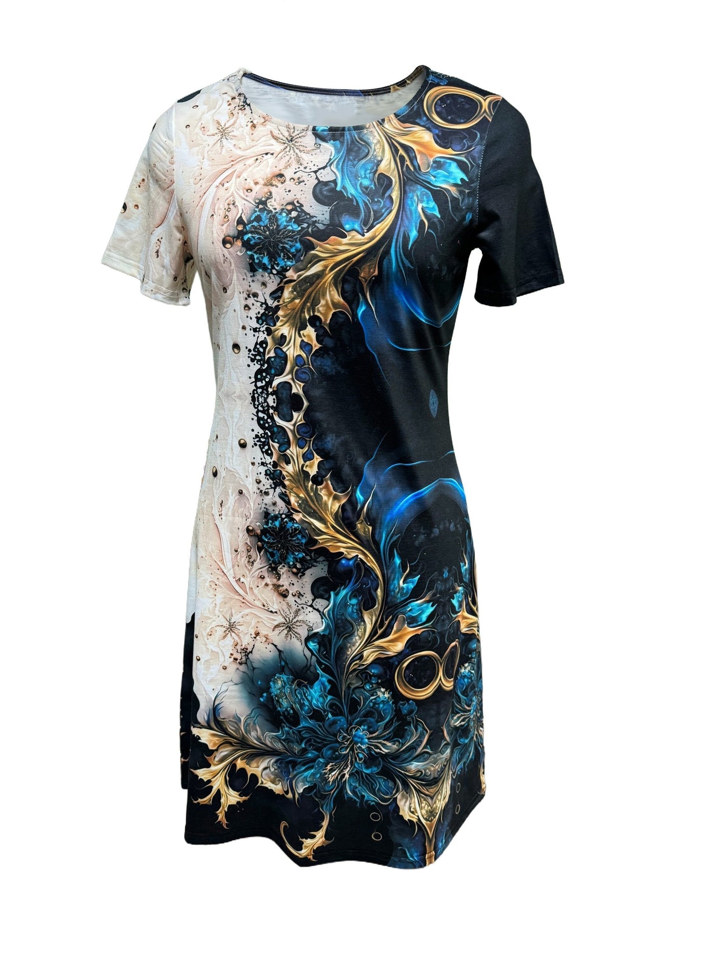 Farbenfrohes Grafik-Print Kleid – Kurzarm Sommerkleid Damen