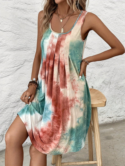 Tie-Dye Sommerkleid Ärmellos, Leicht & Luftig Lässig Maxikleid mit Rundhalsausschnitt