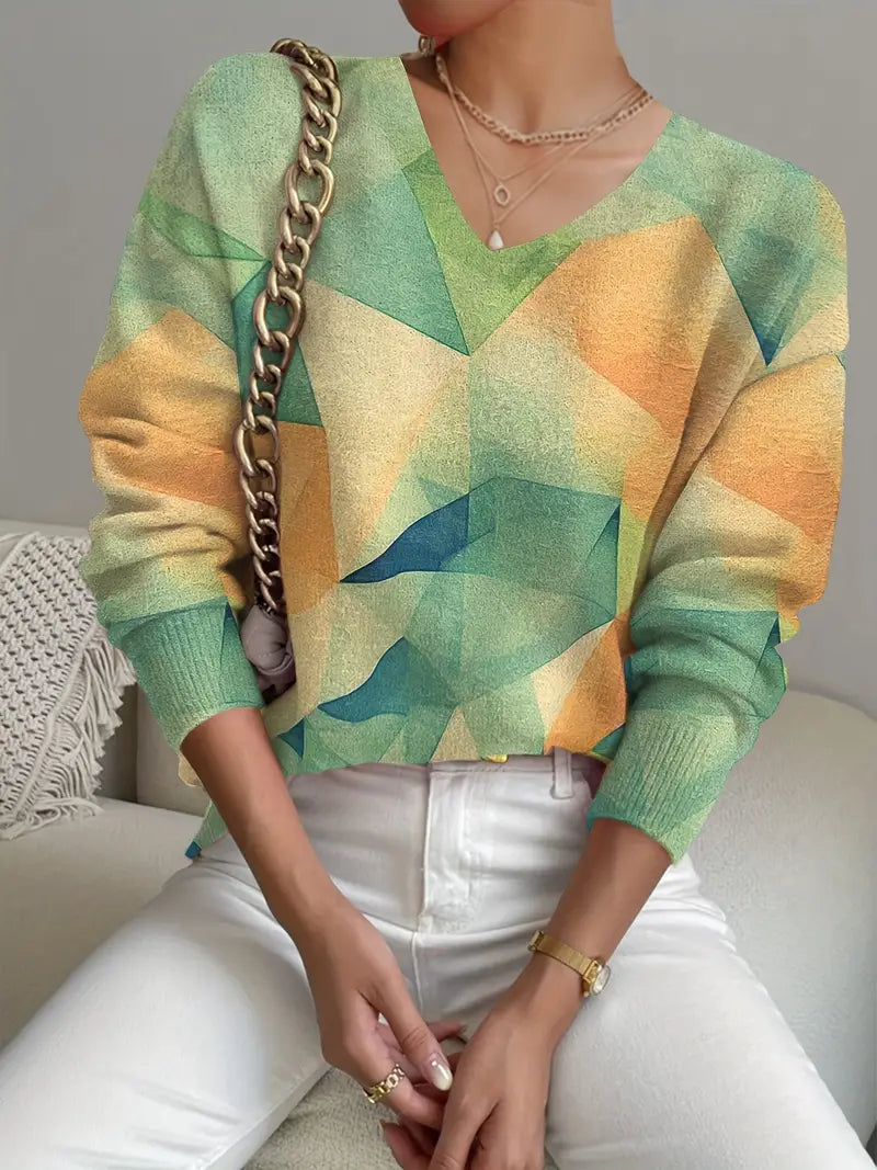 Vibrant Hues Farbblock Pullover mit V-Ausschnitt