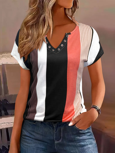 Leinen-Shirt – Damen Colorblock T-Shirt mit V-Ausschnitt, Kurzarm & Streifen