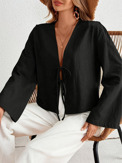 Elegante Damen-Bluse im Leinen-Stil – Kragenlos, Schnürung, Flatterärmel