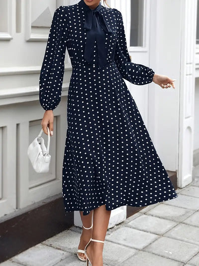 A-Linie Laternenärmel Vielseitiges Polka-Dot Kleid mit Krawattenausschnitt