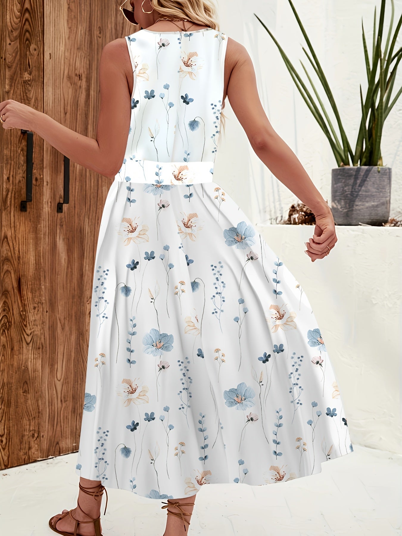 Blumendruck Sommerkleid – Ärmelloses A-Linien-Kleid mit V-Ausschnitt