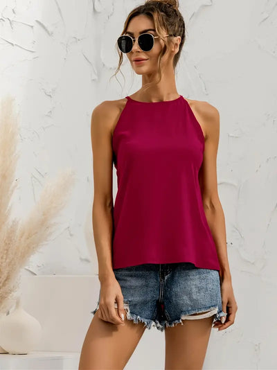 Asymmetrisches Neckholder-Top Volltonfarbe Rundhalsausschnitt Lässiger Stil