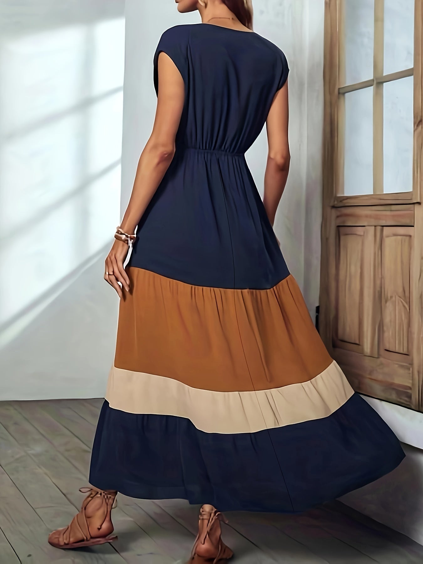 Farbblock Maxikleid Damen – Elegantes Ärmelloses Wickelkleid