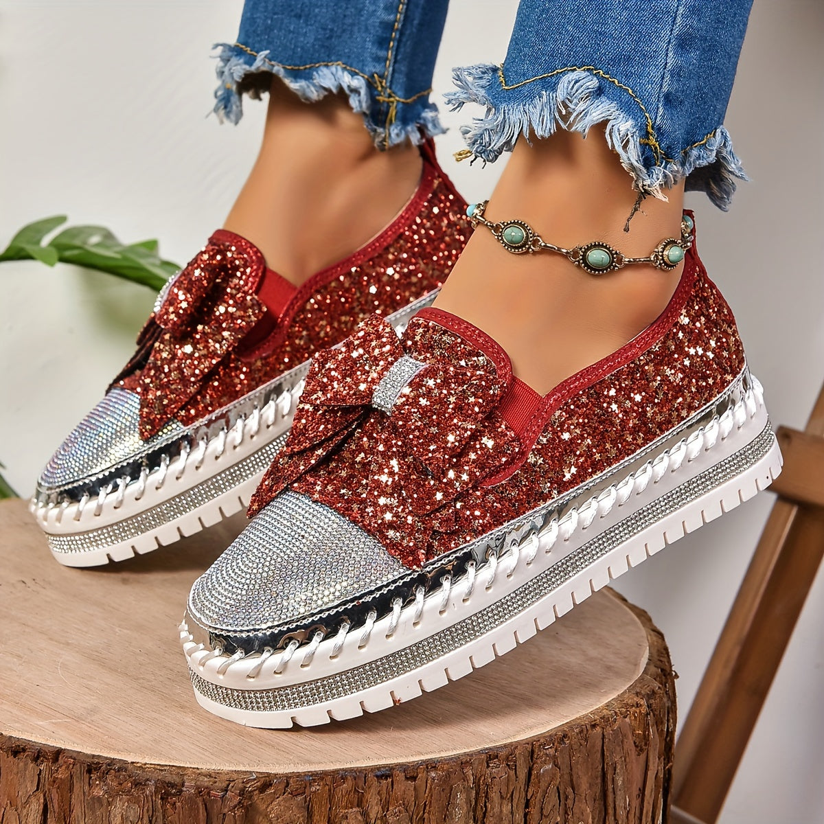 Damen Slip-On Loafers – Glitzernde Plateauschuhe mit Schleife