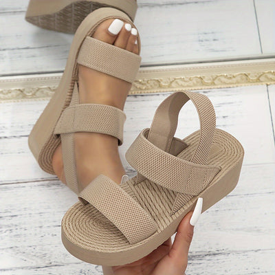 Beige Keilabsatz-Sandalen für Damen Offene Zehen Komfortabler Knöchelriemen